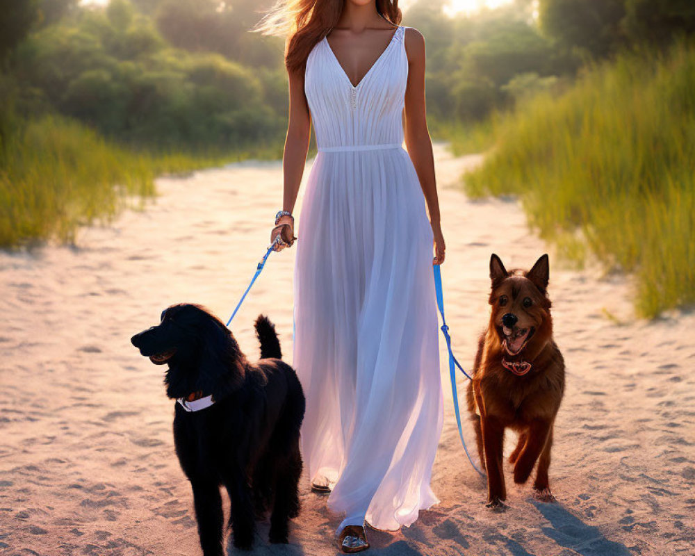 Woman in White Dress Walking Two Dogs at Sunset on Sandy Path