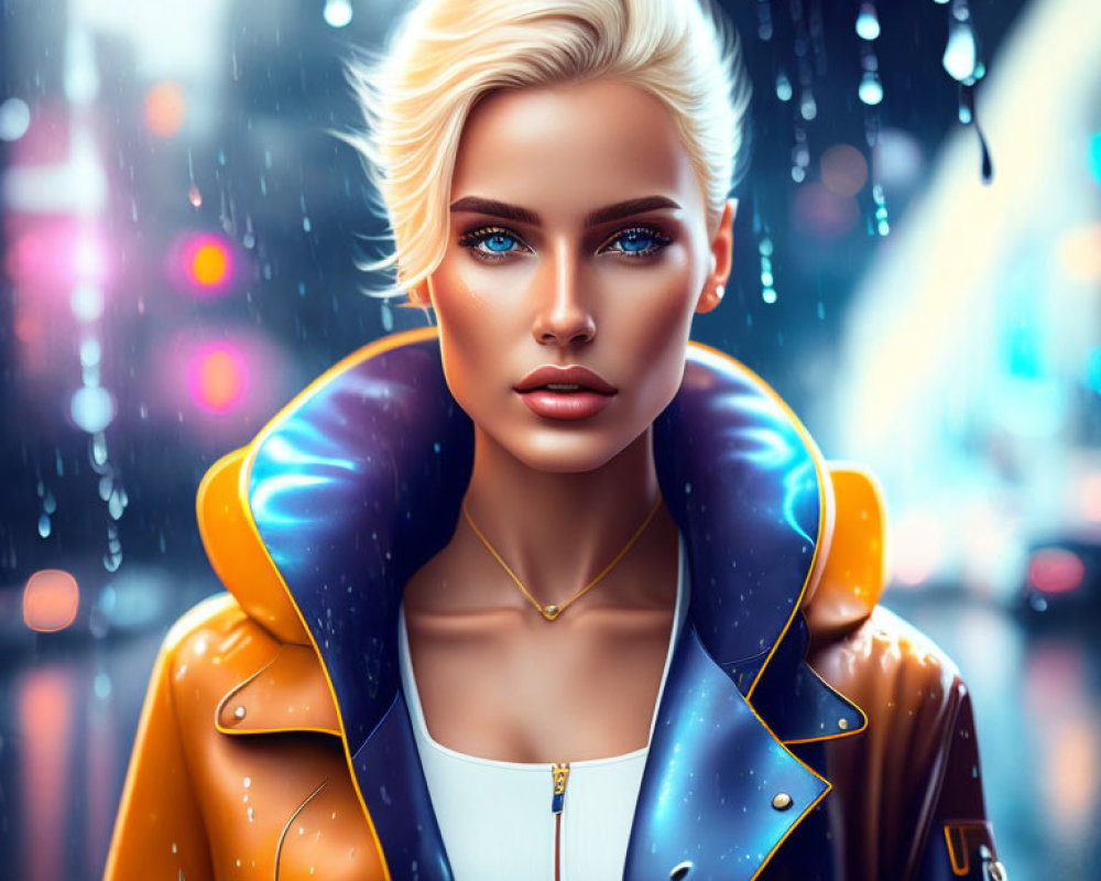 Blonde Woman in Yellow Jacket in Rainy Neon City