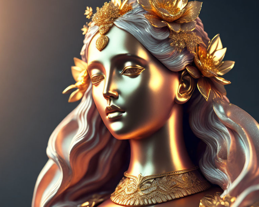 3D-rendered image of woman with metallic skin and golden leaf accessories