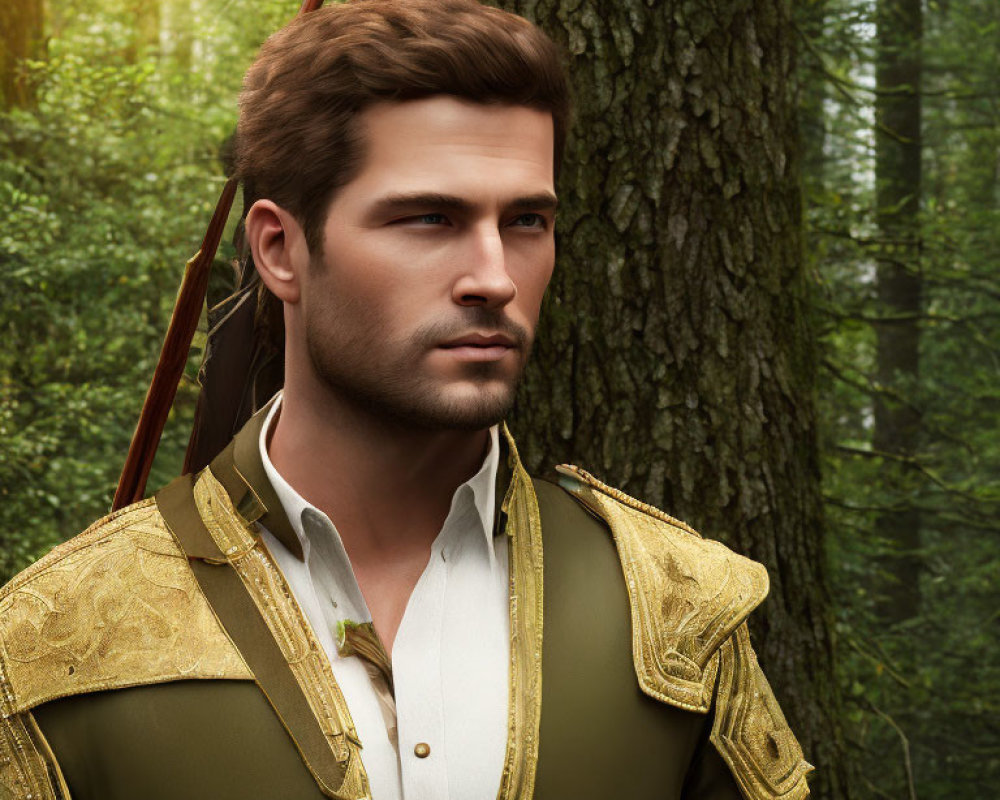 Bearded man in forest with white shirt and ornate shoulder armor