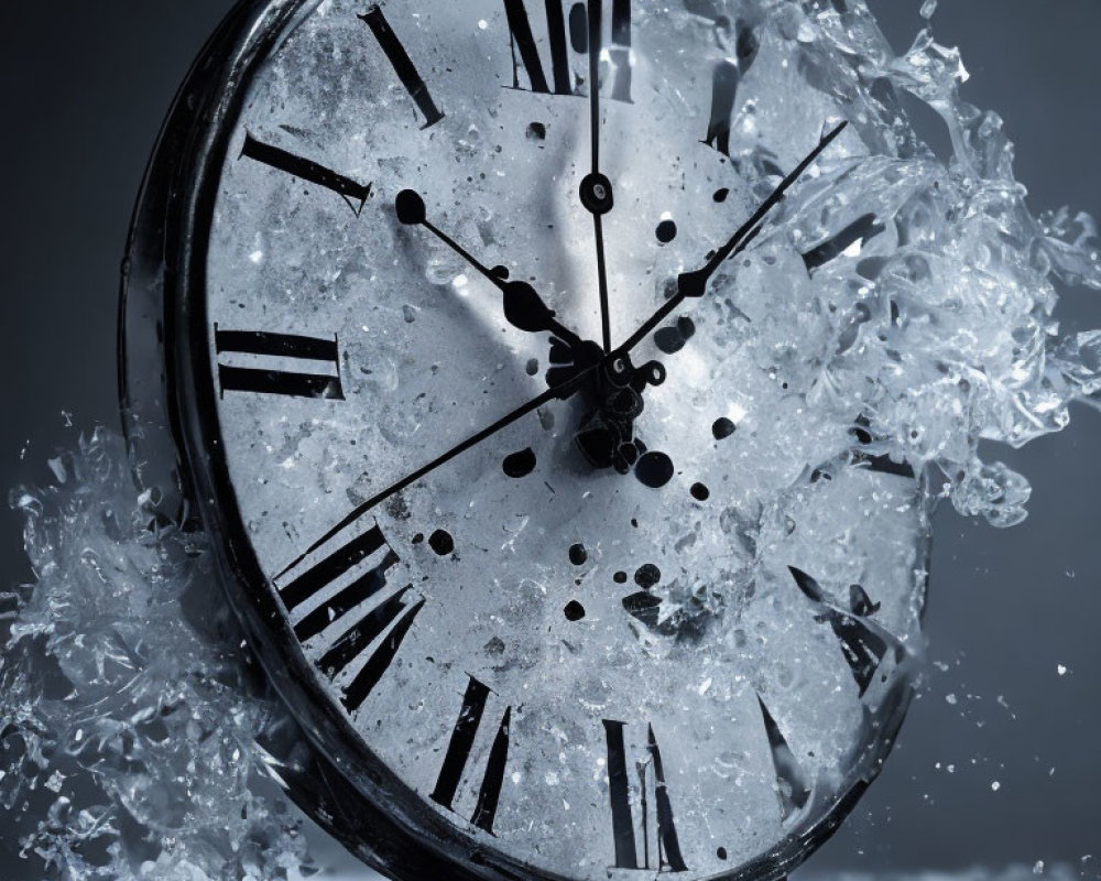 Shattered glass analog clock with splashing water