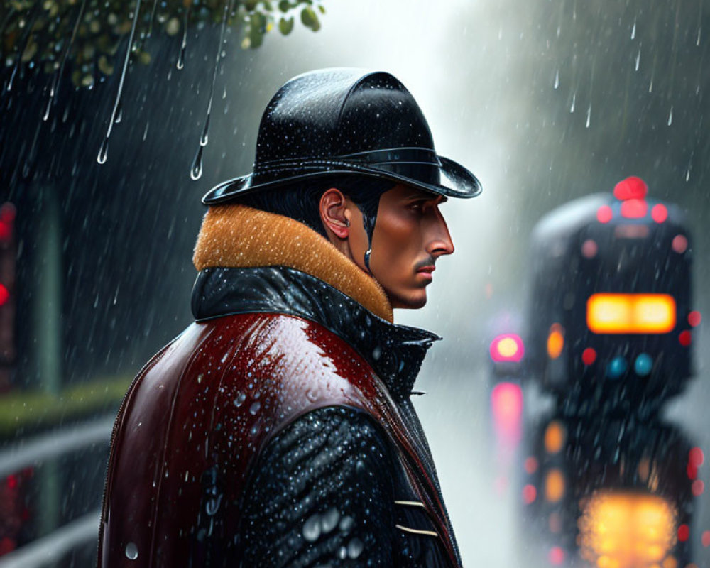 Profile view of man in leather jacket and helmet in rain against city lights.