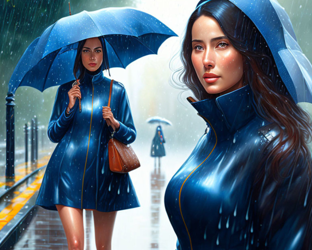 Two women with blue umbrellas on a rainy street, one in sharp detail and the other slightly blurred