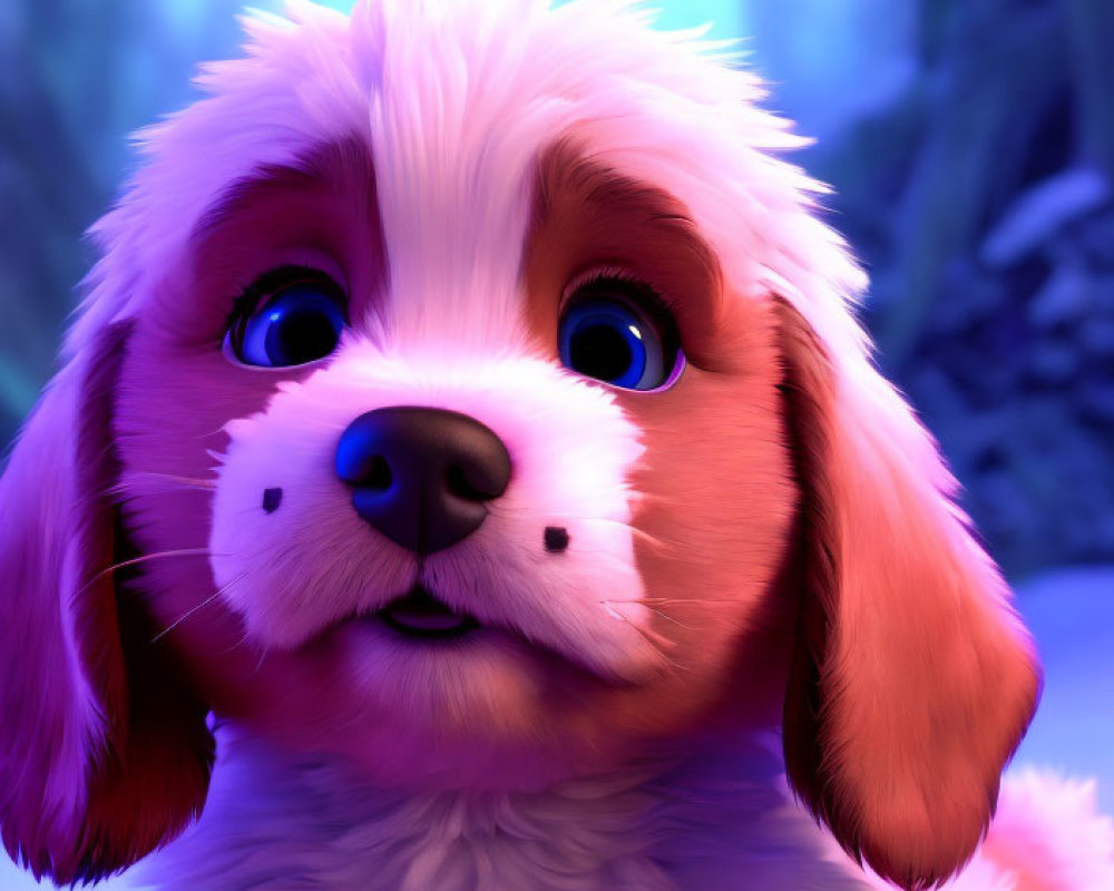 Fluffy white and brown animated puppy in mystical purple forest