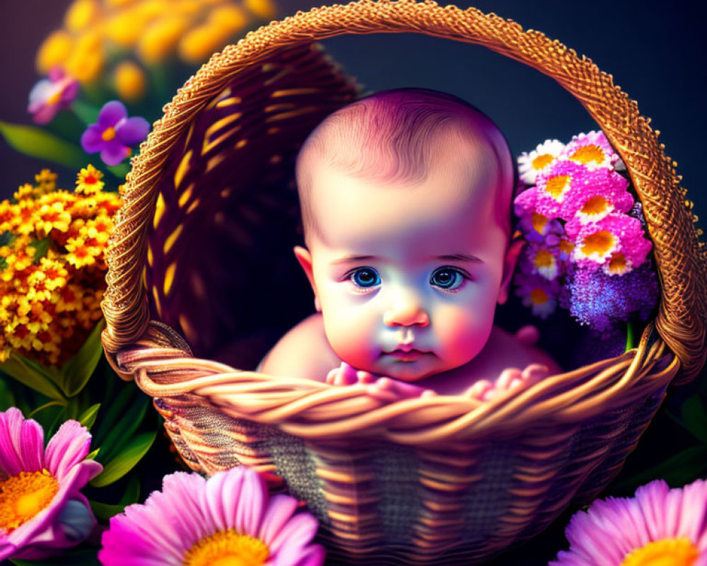 Baby with Large Eyes Sitting in Woven Basket Surrounded by Colorful Flowers