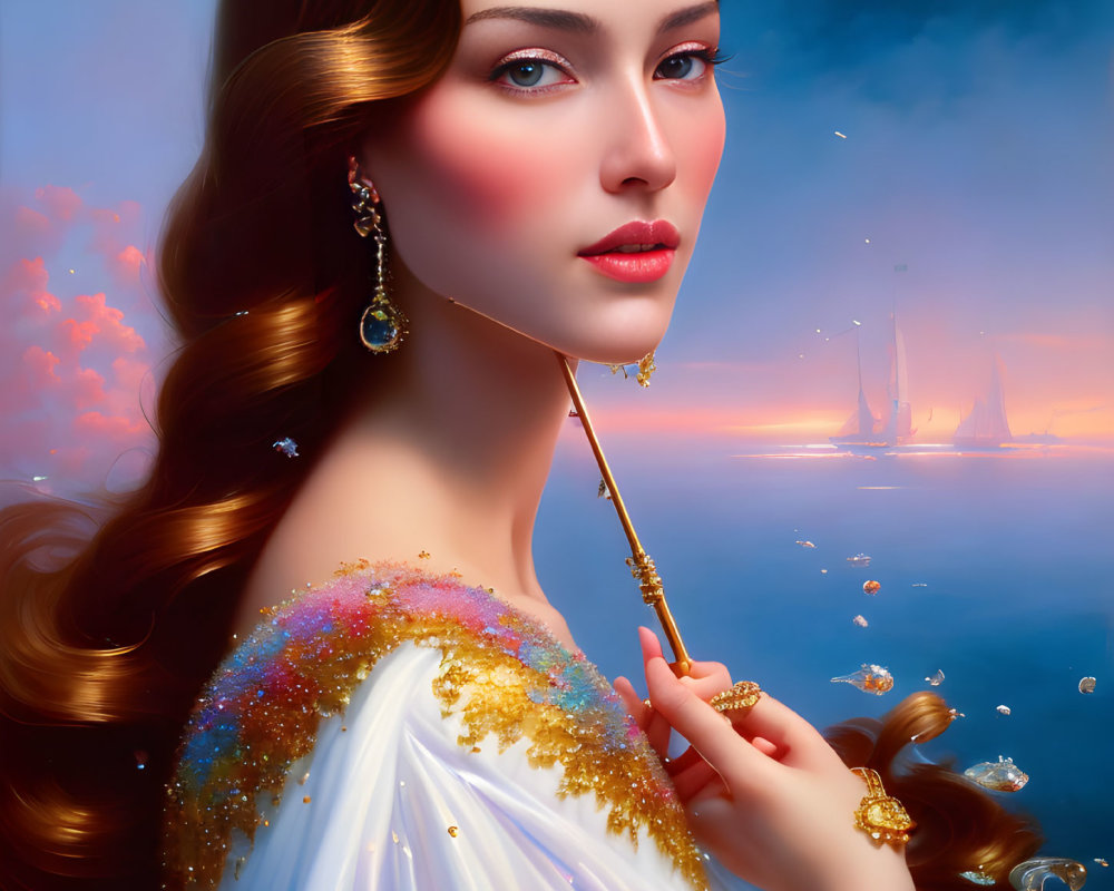 Illustrated woman with golden object in white dress against dreamy sky and sailing ships