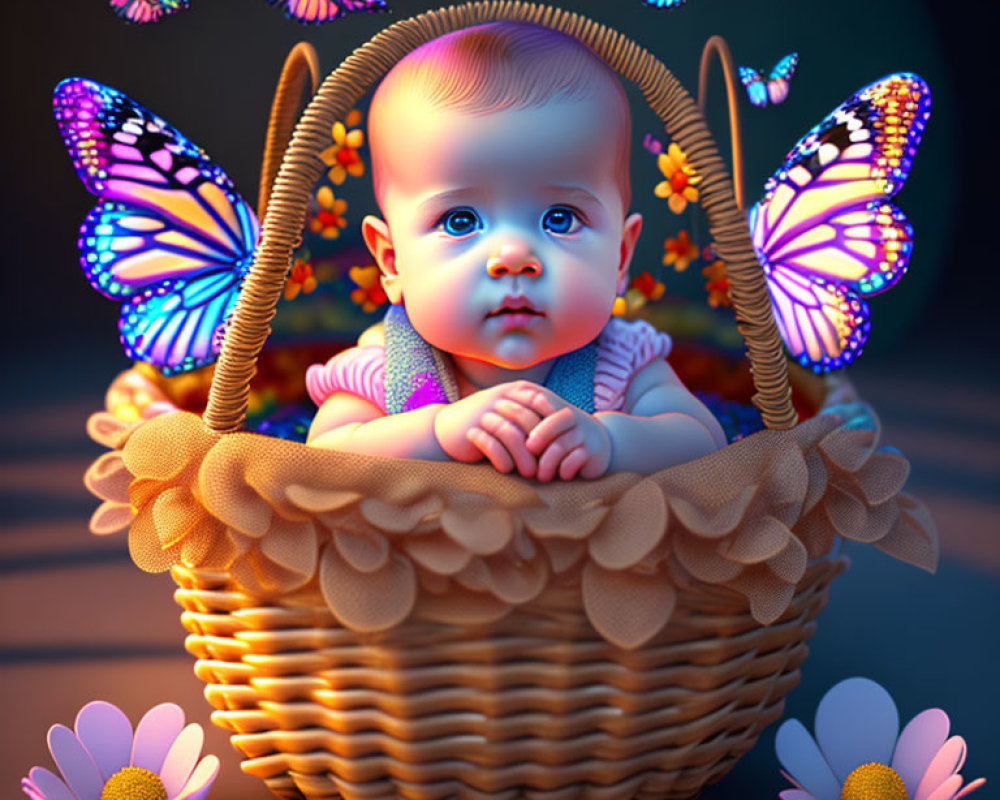 Digital illustration of baby in basket with glowing butterflies and flowers on mystical background