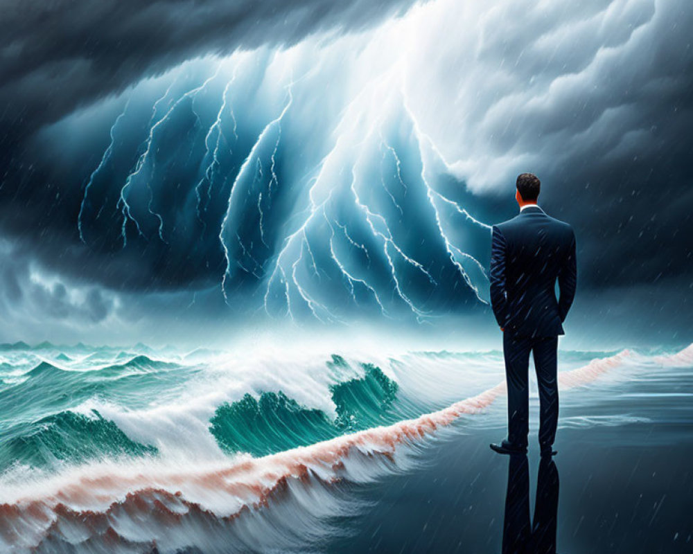 Person in suit gazes at stormy seascape with towering waves and lightning