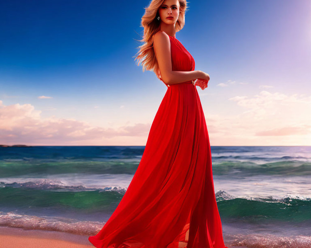 Woman in flowing red dress on beach at sunset gazes over shoulder.