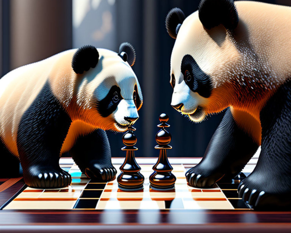 Stylized pandas playing chess against vertical blinds