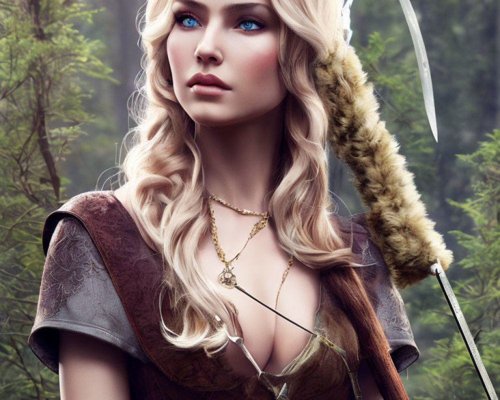 Fantasy female warrior with blond hair and sword in misty forest