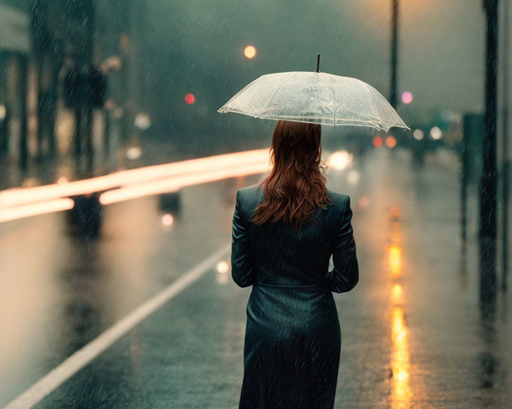 Red-haired woman with transparent umbrella in rainy city street at night