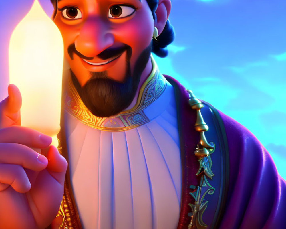 3D animated character in royal attire with lit candle at twilight