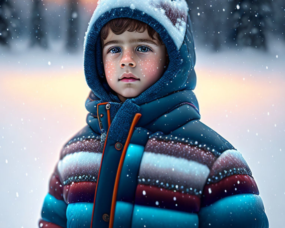 Child in Colorful Striped Winter Jacket Surrounded by Snowflakes