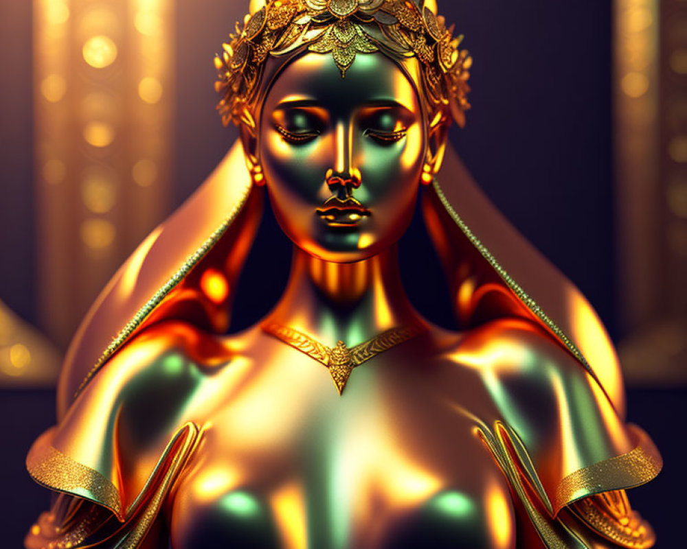 Golden 3D Female Figure with Intricate Headpiece and Jewelry on Dark Background