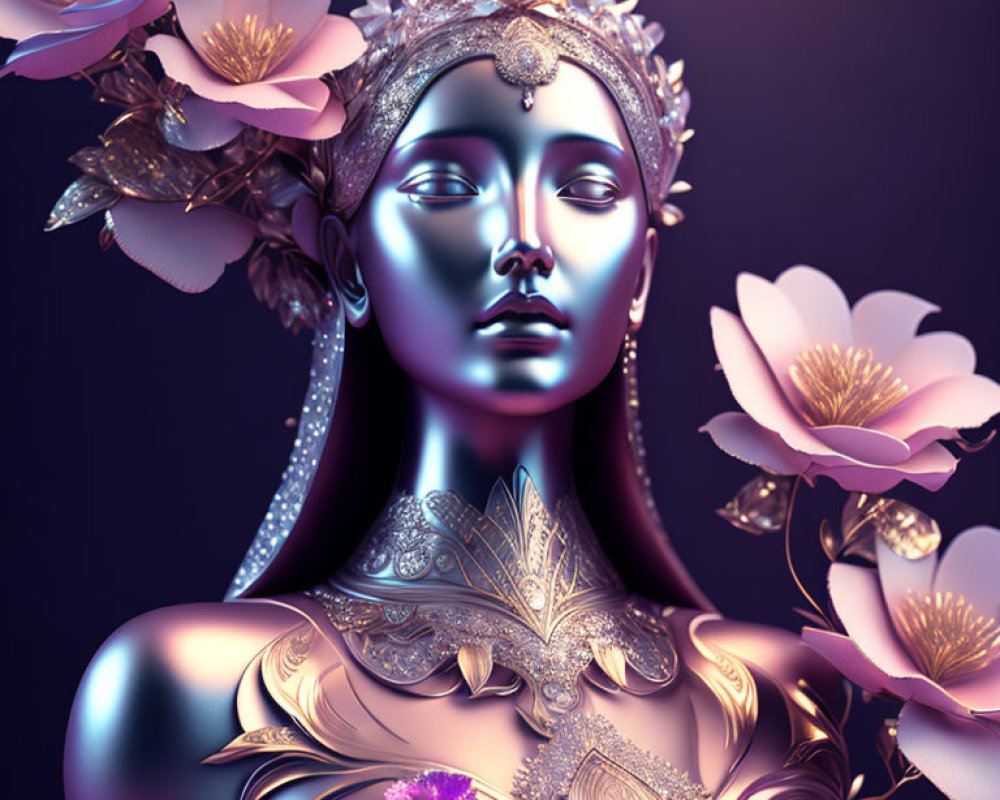 Digital Artwork: Woman with Metallic Skin and Elaborate Floral Headpiece