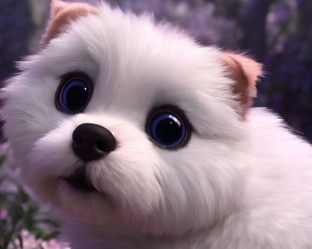 Fluffy White Animated Puppy with Blue Eyes on Purple Flower Background