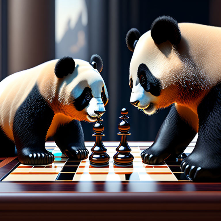 Stylized pandas playing chess against vertical blinds