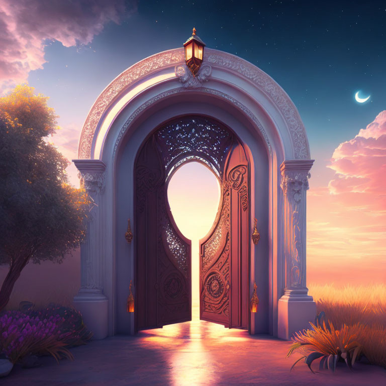 Ornate open doorway with star-filled sky, columns, lantern, crescent moon