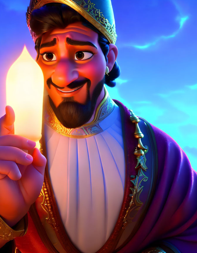 3D animated character in royal attire with lit candle at twilight