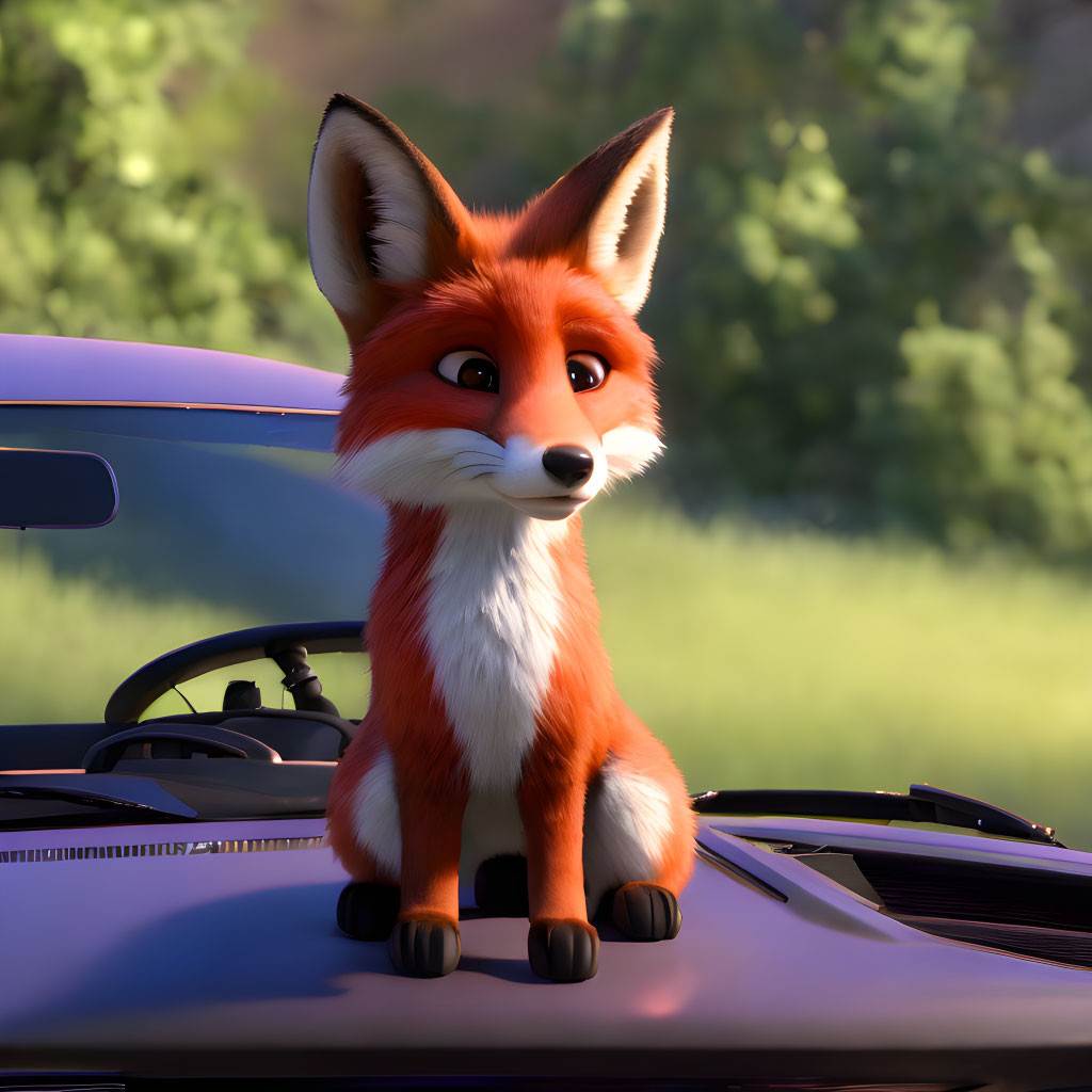 Red fox on car hood with tree backdrop in 3D animation