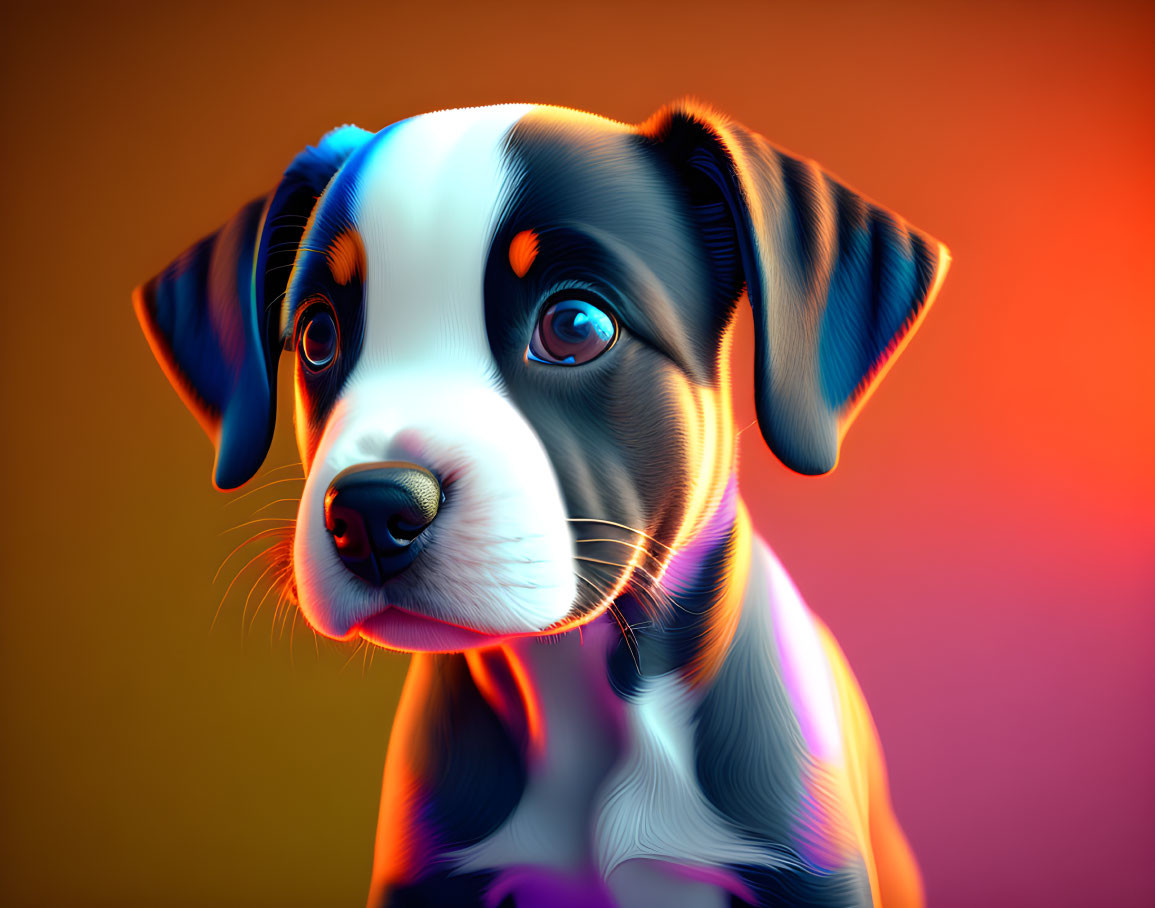 Vibrant digital artwork of stylized puppy on warm gradient background