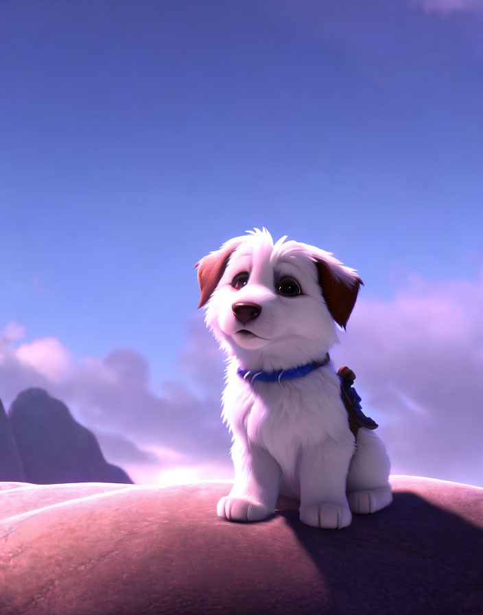 White and Brown Fur Puppy on Rock with Blue Collar in Purple Sky