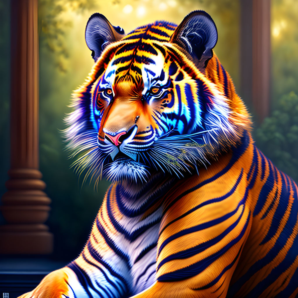 Colorful Tiger Digital Illustration with Blue Eyes Against Classical Architecture Background