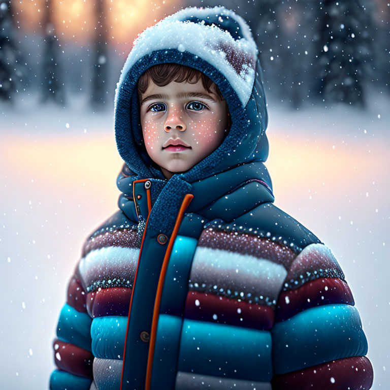 Child in Colorful Striped Winter Jacket Surrounded by Snowflakes