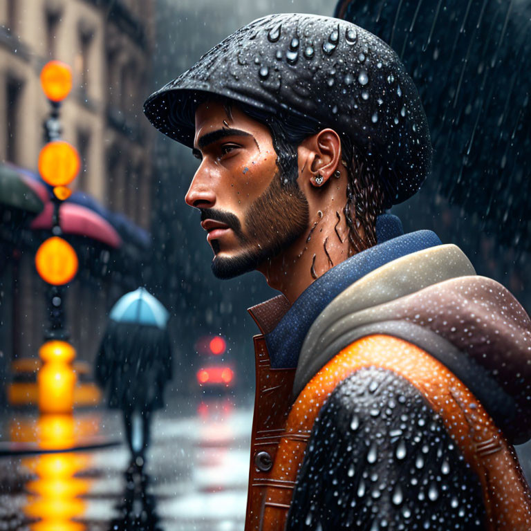 Bearded man in wet cap and jacket stands in rainy cityscape