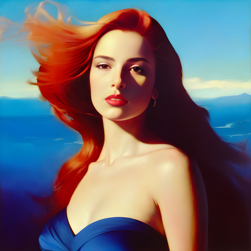 Woman with flowing red hair in blue dress against blue sky and water