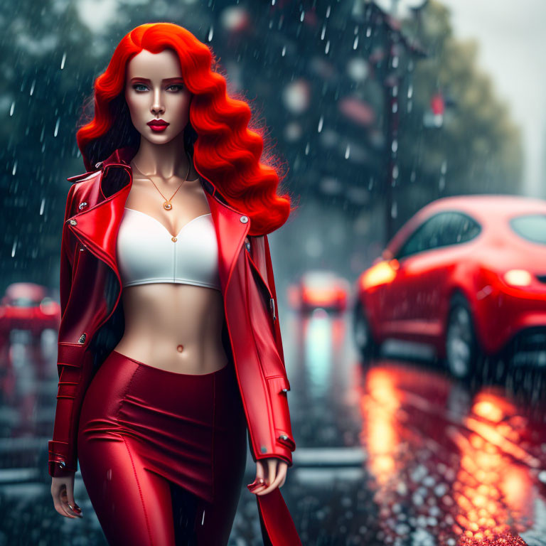 Vibrant red-haired woman in red outfit walking in the rain with red car