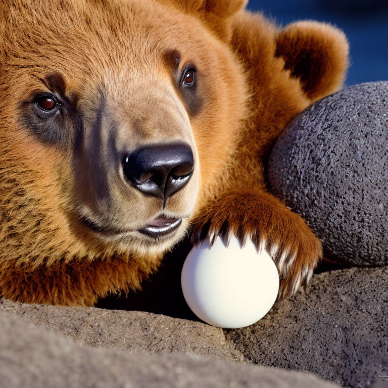 Brown bear resting head on rock with paw over white object on blue background