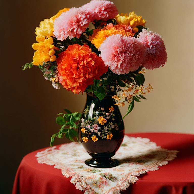 Colorful pink and orange flower bouquet in floral vase on red table with lace doily