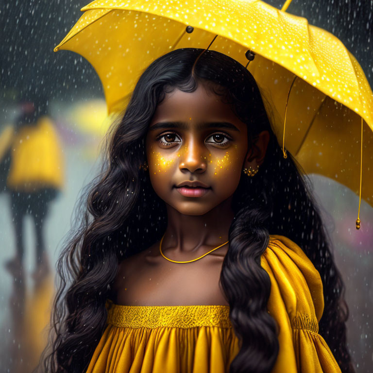 Girl with Long Wavy Hair Holding Yellow Umbrella in Rainy Scene