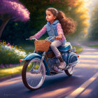 Young girl on classic motorcycle rides through sunlit path with flowing hair.