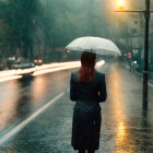 Red-haired woman with transparent umbrella in rainy city street at night