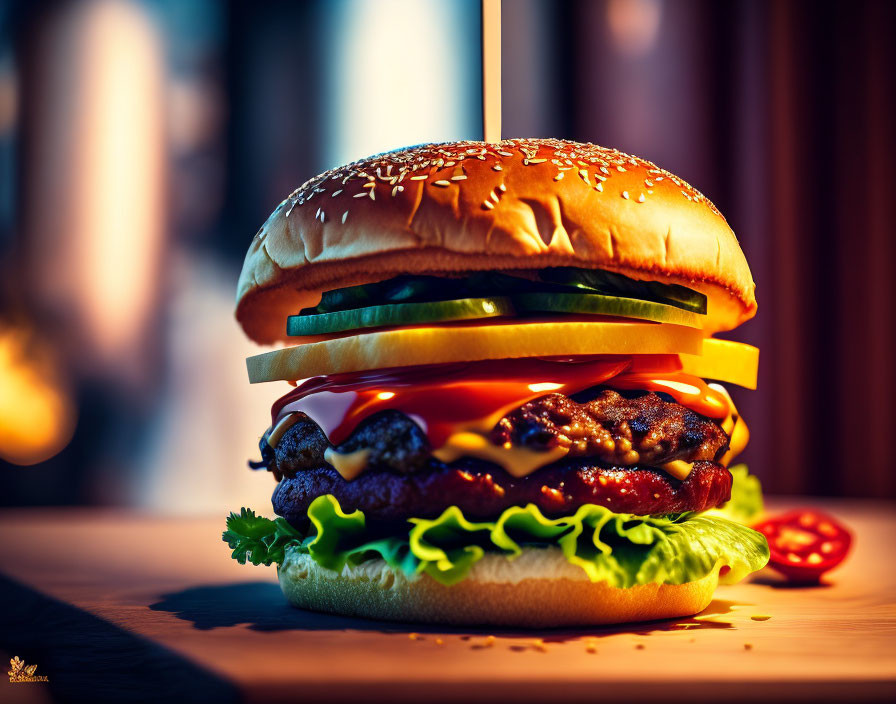 Classic Cheeseburger with Lettuce, Tomato, Onion, and Pickles on Sesame Seed Bun