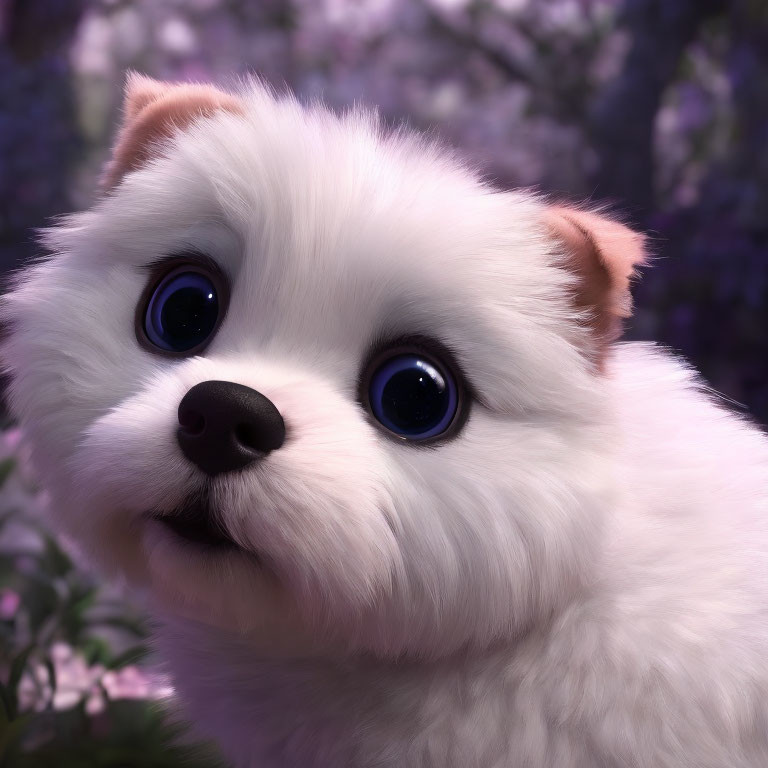 Fluffy White Animated Puppy with Blue Eyes on Purple Flower Background