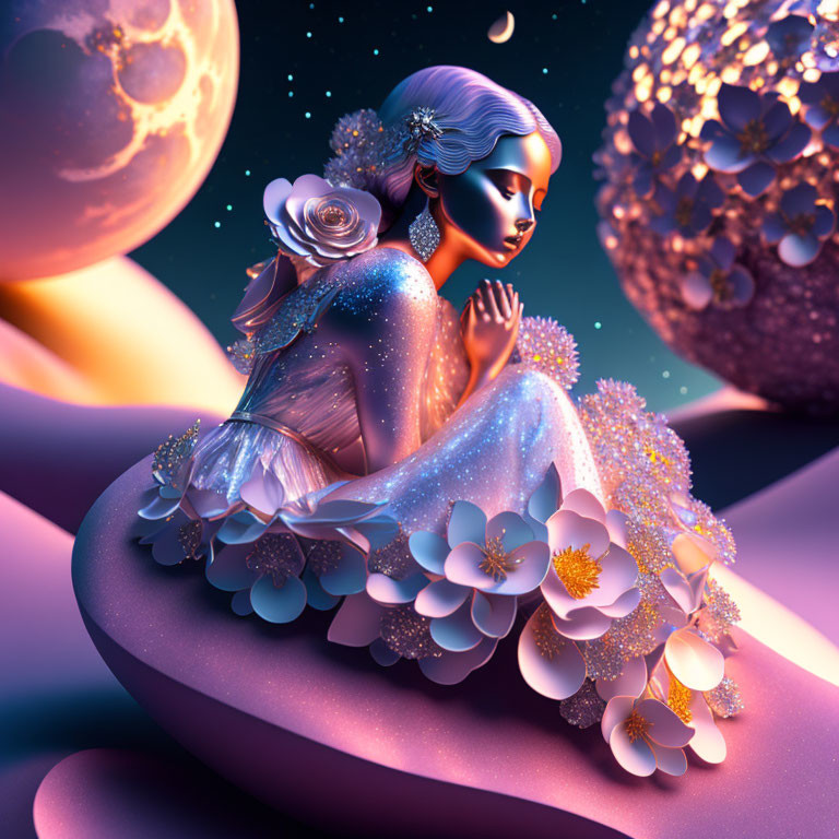 Surreal illustration of a blue-skinned woman surrounded by flowers under two moons