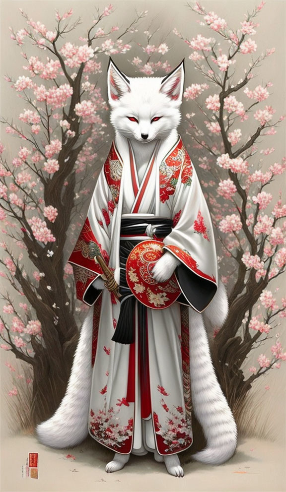 White fox in red and white kimono with cherry blossoms