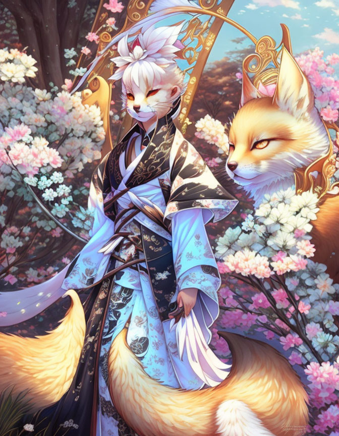 Illustrated anthropomorphic fox with nine tails in traditional attire among pink flowers