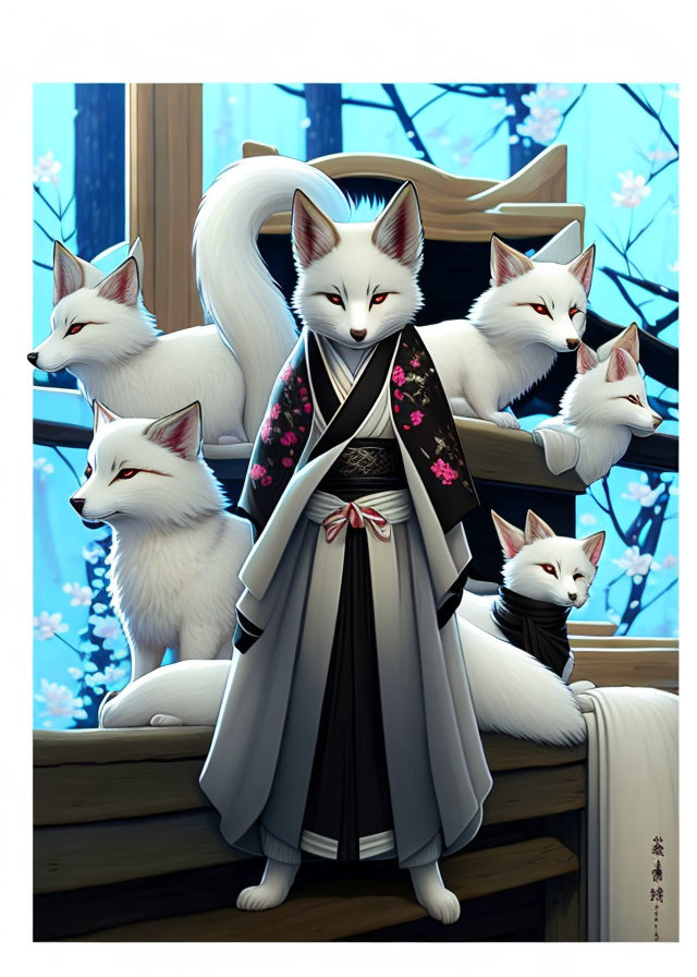 Six white fox-like creatures in traditional Japanese attire among cherry blossoms.