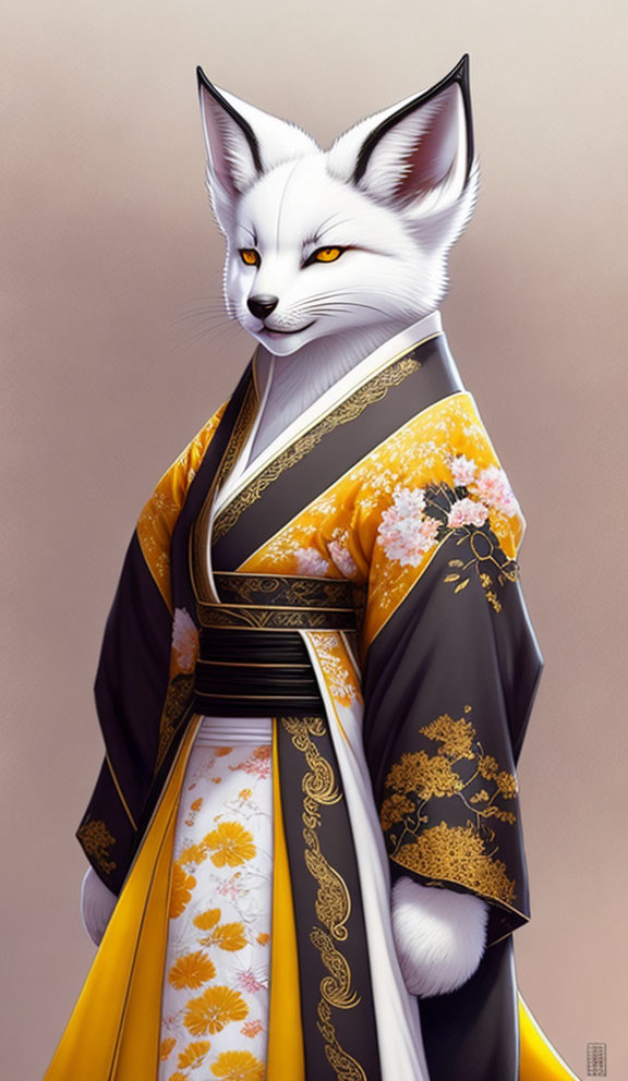 Anthropomorphic fox in Japanese kimono with floral patterns and obi sash