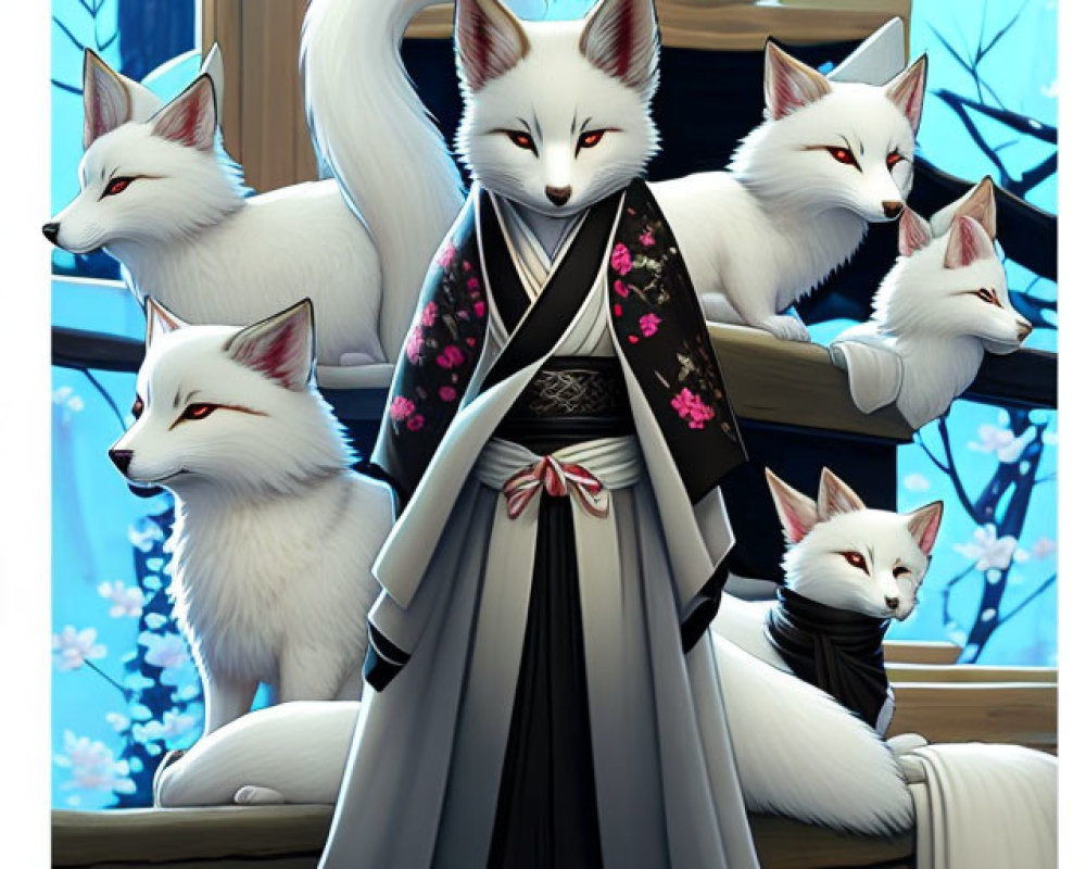 Six white fox-like creatures in traditional Japanese attire among cherry blossoms.