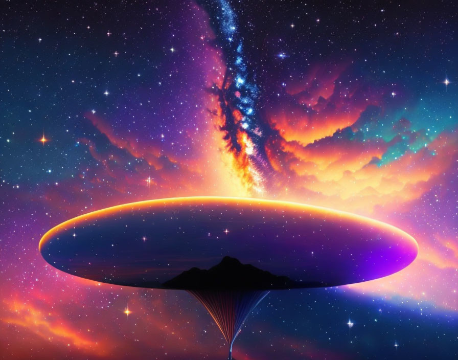 Digital Art: Mountain Peak under Cosmic Sky with Glowing Anomaly