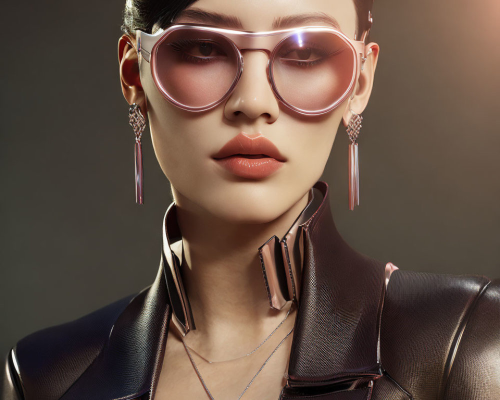 Fashionable woman in pink sunglasses and leather outfit on neutral backdrop