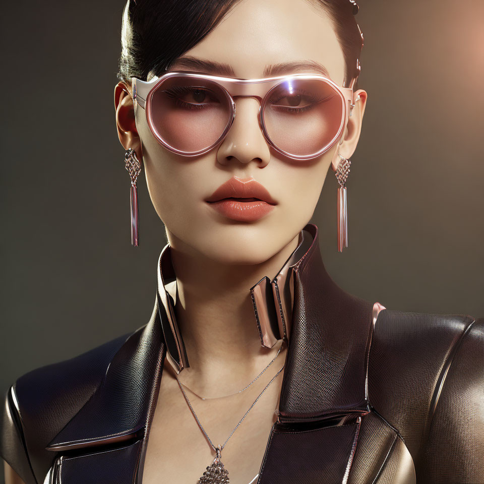 Fashionable woman in pink sunglasses and leather outfit on neutral backdrop