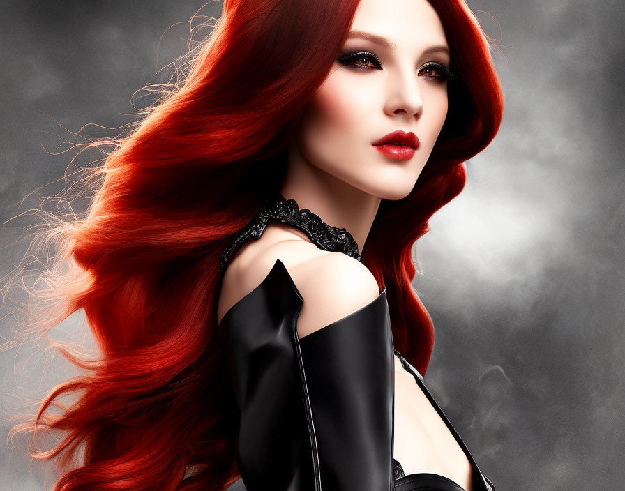 Portrait of a woman with flowing red hair and dark eye makeup against misty grey background