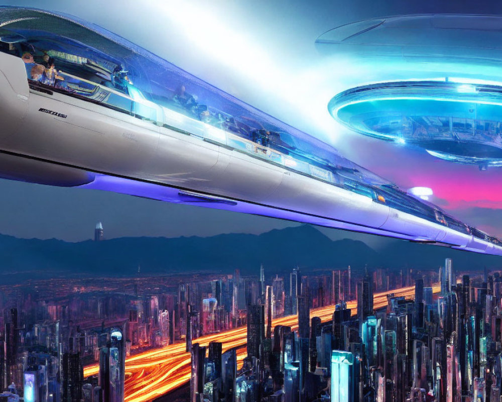 Futuristic cityscape with flying trains and neon lights